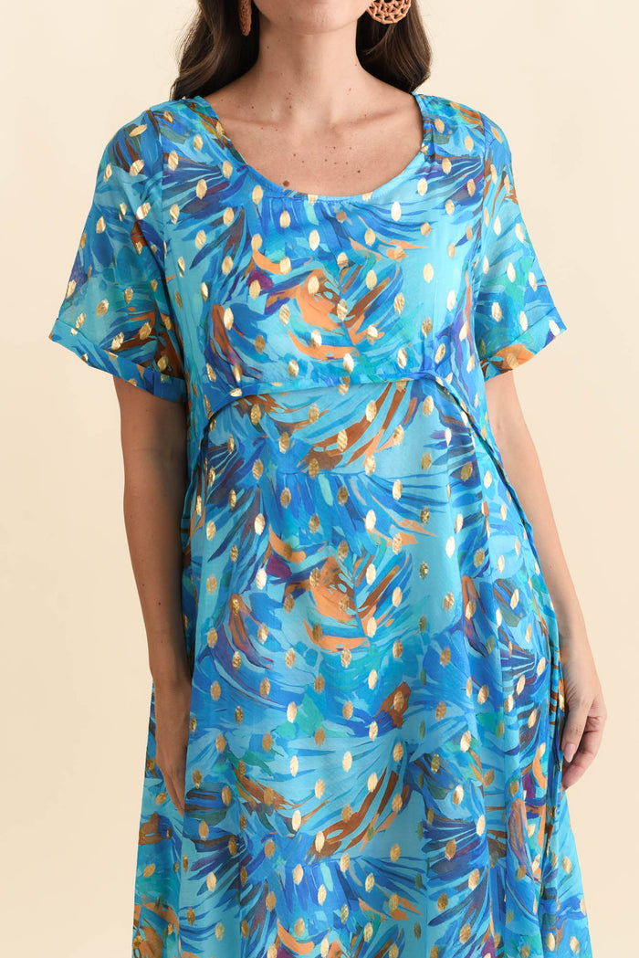 Darling Aqua Burst Foil Crescent Dress,Brunette model,alt text|model:MJ