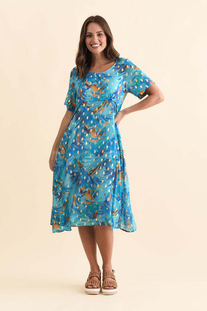 Darling Aqua Burst Foil Crescent Dress,Brunette model,alt text|model:MJ