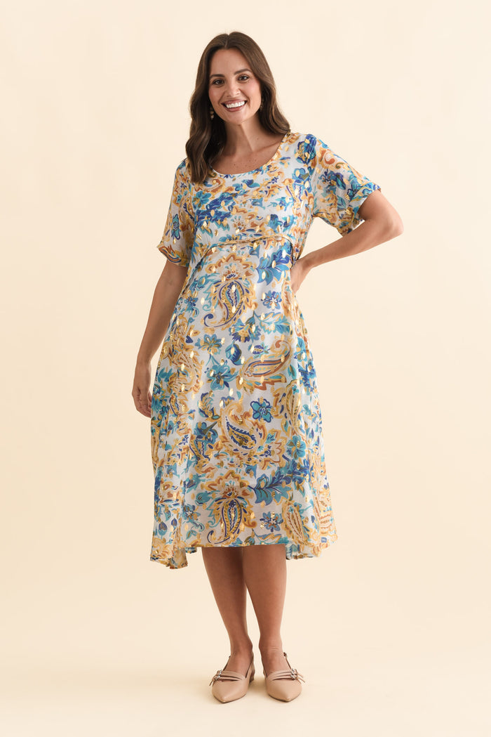 Darling Blue Paisley Foil Crescent Dress,Brunette model,alt text|model:MJ