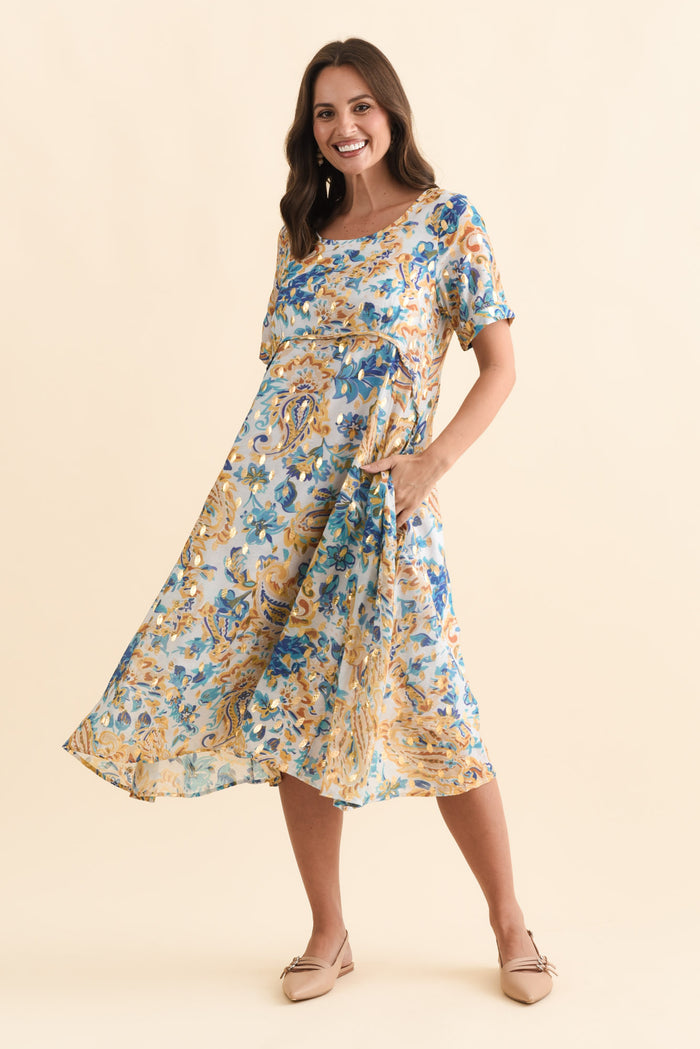 Darling Blue Paisley Foil Crescent Dress,Brunette model,alt text|model:MJ