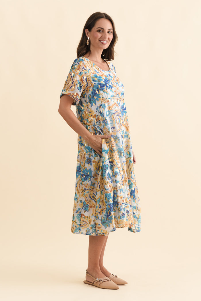 Darling Blue Paisley Foil Crescent Dress,Brunette model,alt text|model:MJ