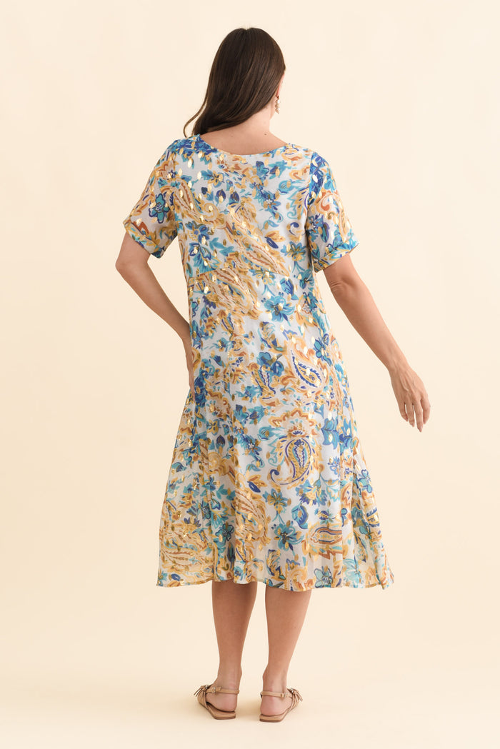 Darling Blue Paisley Foil Crescent Dress,Brunette model,alt text|model:MJ