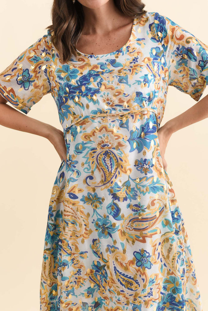 Darling Blue Paisley Foil Crescent Dress,Brunette model,alt text|model:MJ