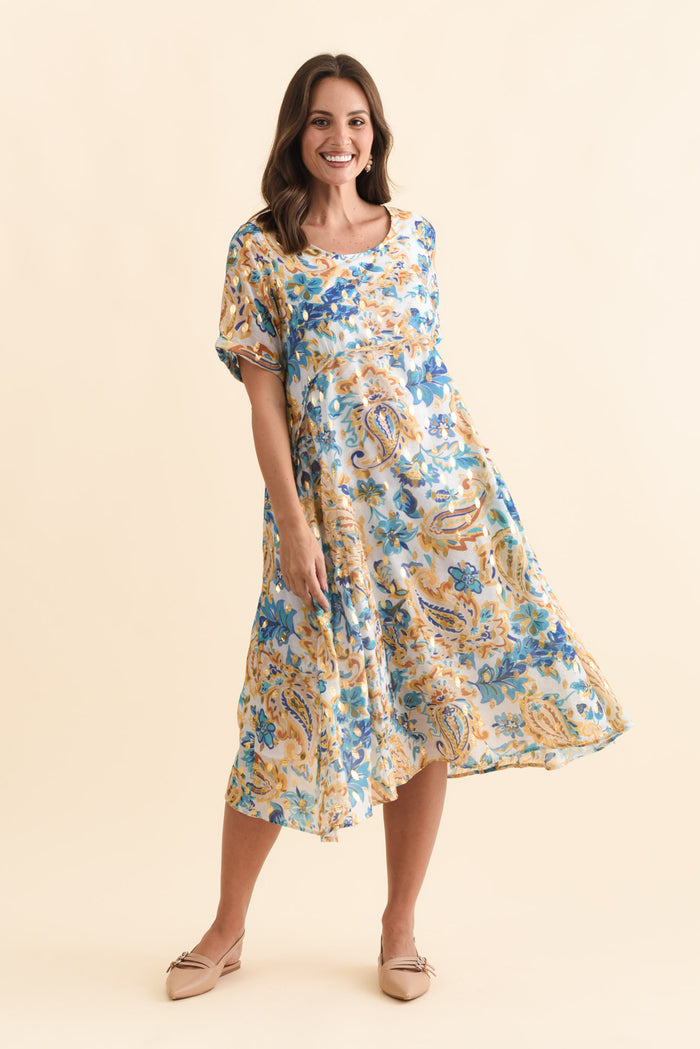 Darling Blue Paisley Foil Crescent Dress,Brunette model,alt text|model:MJ