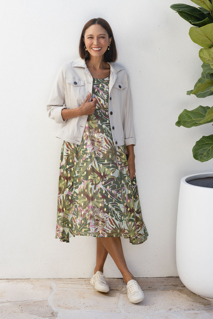 Darling Khaki Tropical Foil Crescent Dress,Lifestyle