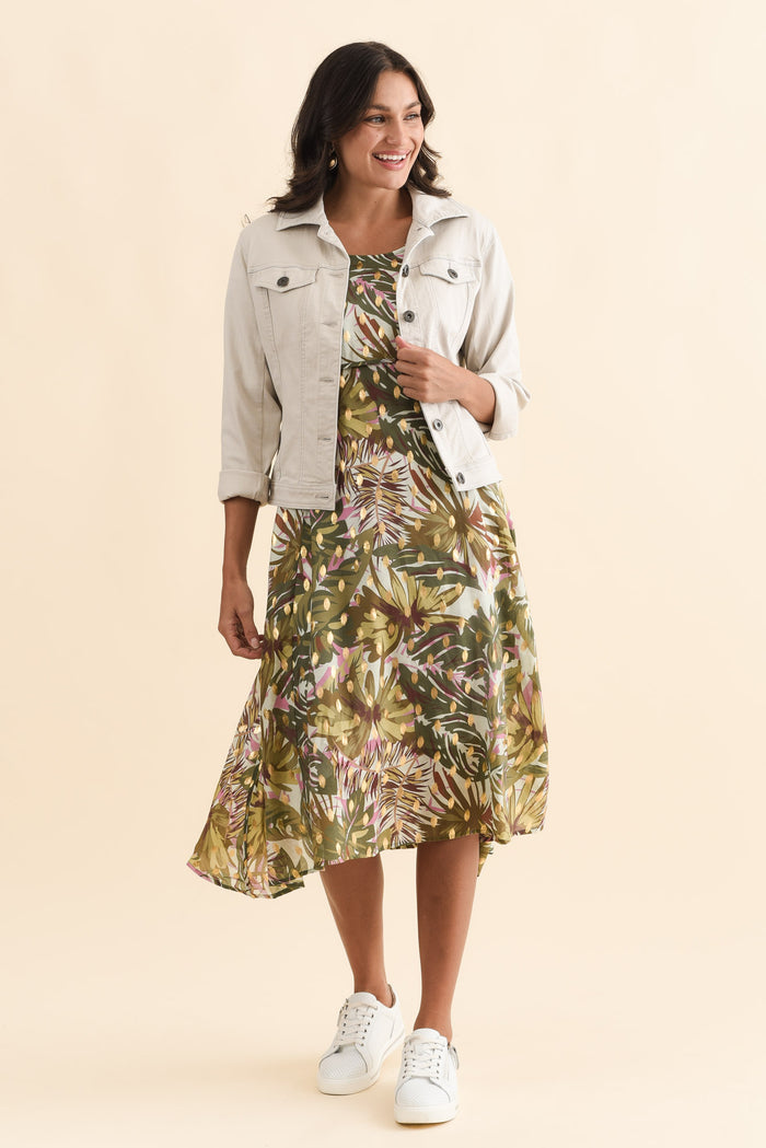 Darling Khaki Tropical Foil Crescent Dress,Brunette model,alt text|model:Brontie