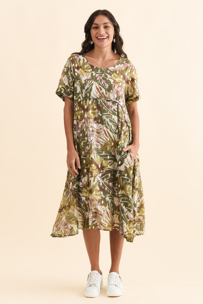 Darling Khaki Tropical Foil Crescent Dress,Brunette model,alt text|model:Brontie