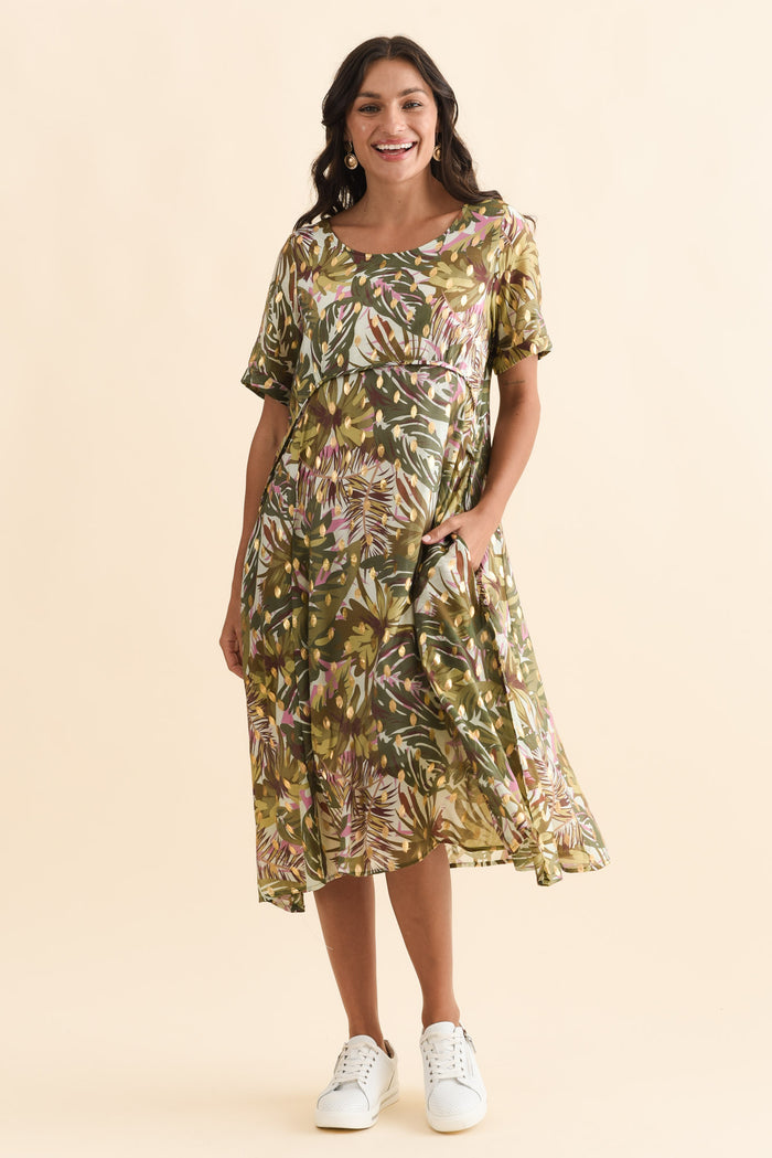 Darling Khaki Tropical Foil Crescent Dress,Brunette model,alt text|model:Brontie