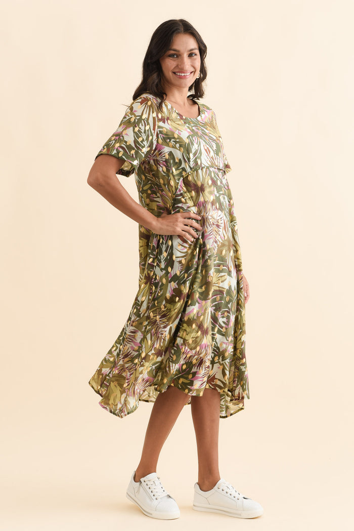 Darling Khaki Tropical Foil Crescent Dress,Brunette model,alt text|model:Brontie