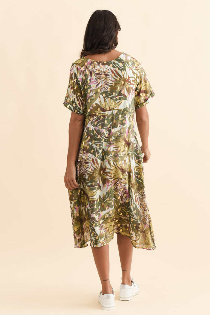 Darling Khaki Tropical Foil Crescent Dress,Brunette model,alt text|model:Brontie