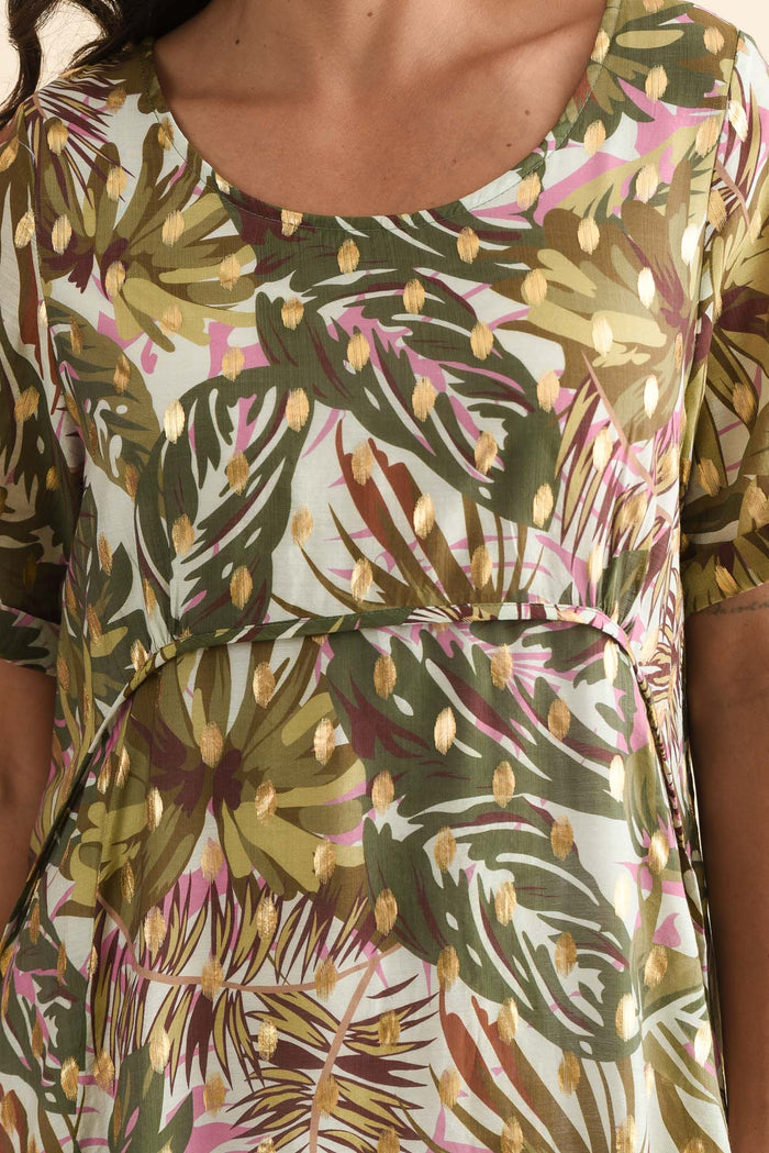 Darling Khaki Tropical Foil Crescent Dress,Brunette model,alt text|model:Brontie