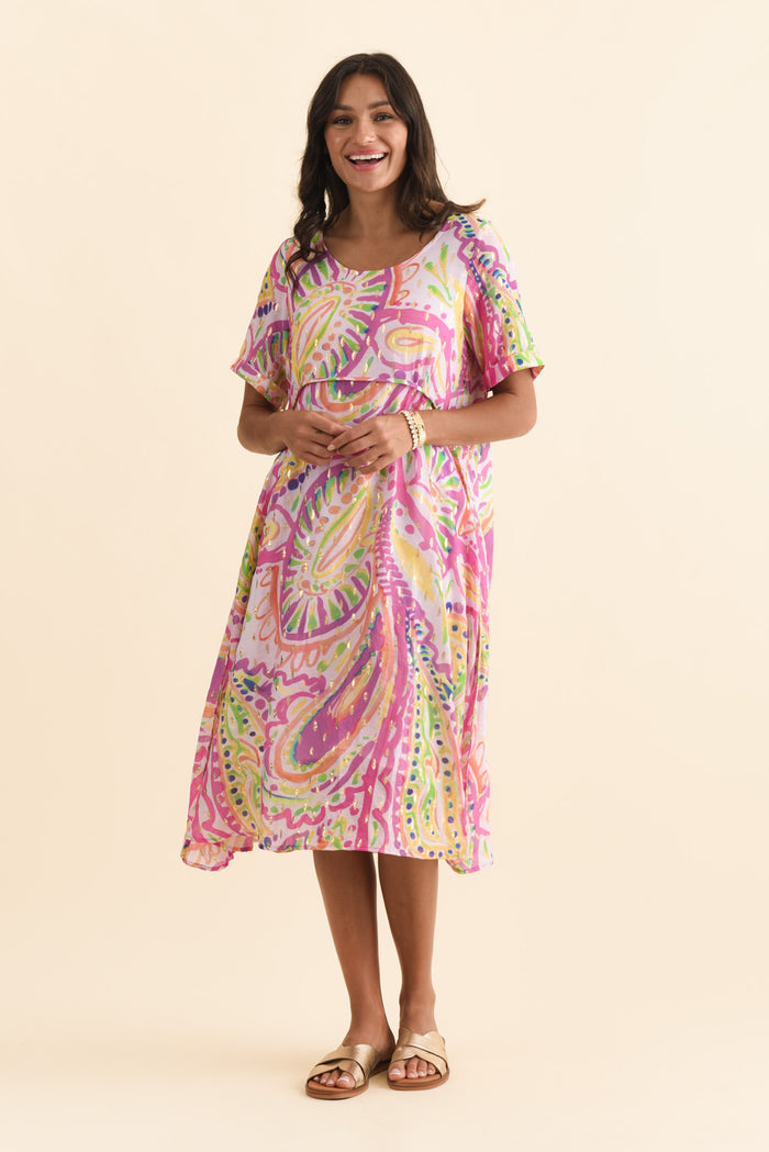 Darling Pink Abstract Foil Crescent Dress,Brunette model,alt text|model:Brontie