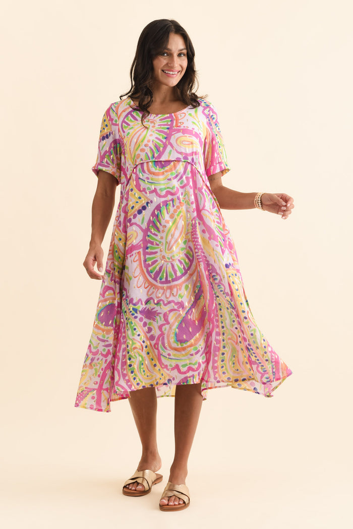 Darling Pink Abstract Foil Crescent Dress,Brunette model,alt text|model:Brontie