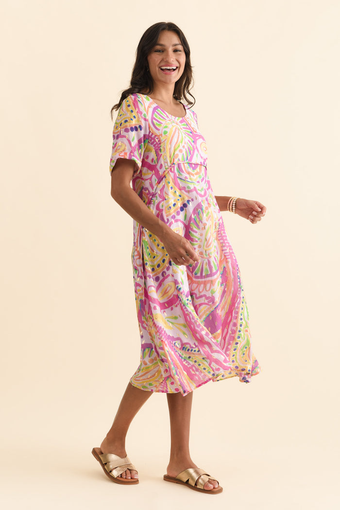 Darling Pink Abstract Foil Crescent Dress,Brunette model,alt text|model:Brontie