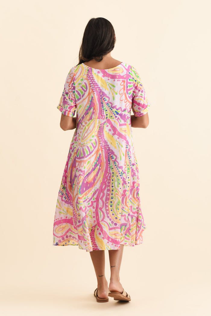 Darling Pink Abstract Foil Crescent Dress,Brunette model,alt text|model:Brontie