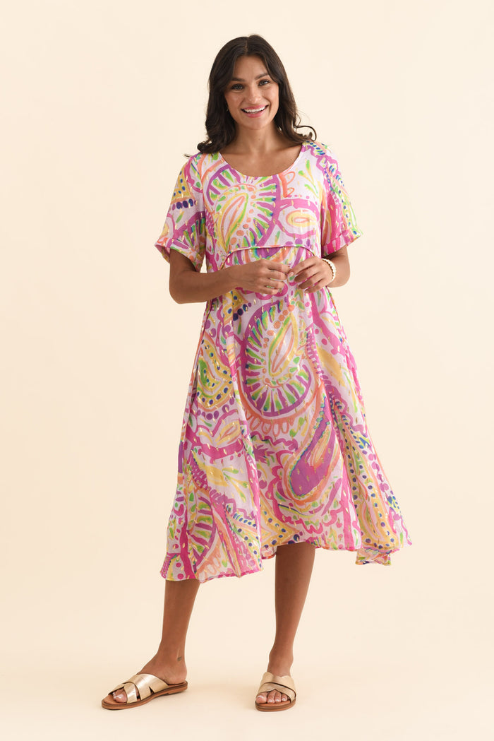 Darling Pink Abstract Foil Crescent Dress,Brunette model,alt text|model:Brontie