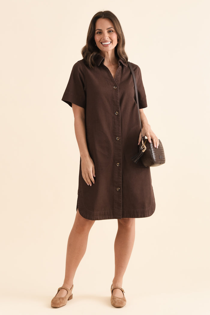Dawson Chocolate Denim Button Dress,Front,Brunette model,alt text|model:MJ