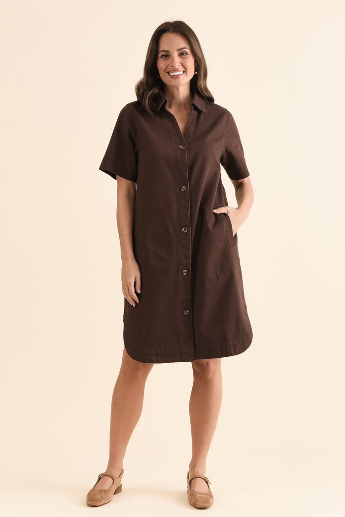 Dawson Chocolate Denim Button Dress,Full Body,Brunette model,alt text|model:MJ