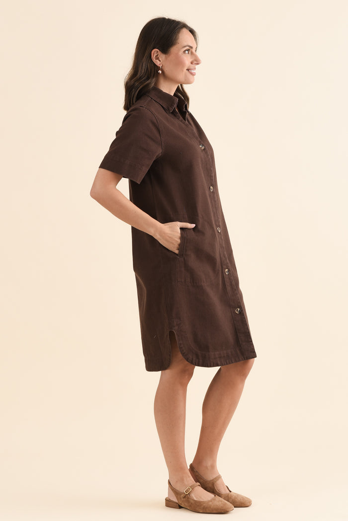 Dawson Chocolate Denim Button Dress,Side,Brunette model,alt text|model:MJ
