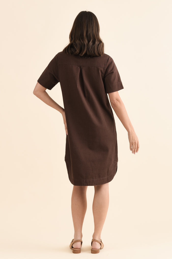 Dawson Chocolate Denim Button Dress,Back,Brunette model,alt text|model:MJ