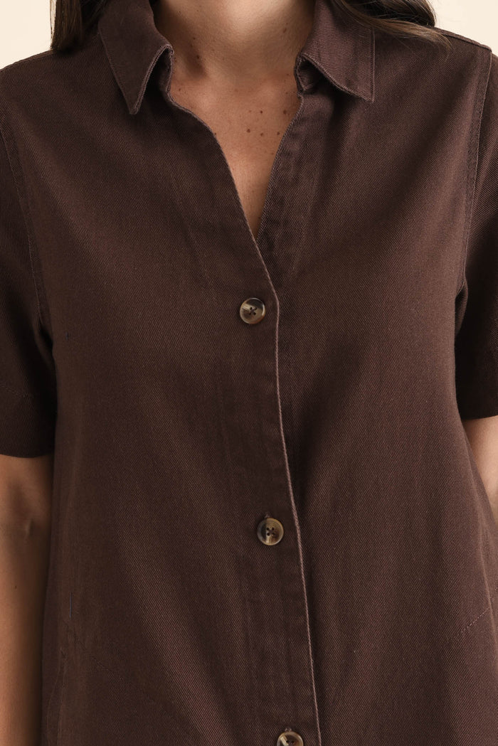 Dawson Chocolate Denim Button Dress,Detail,Brunette model,alt text|model:MJ