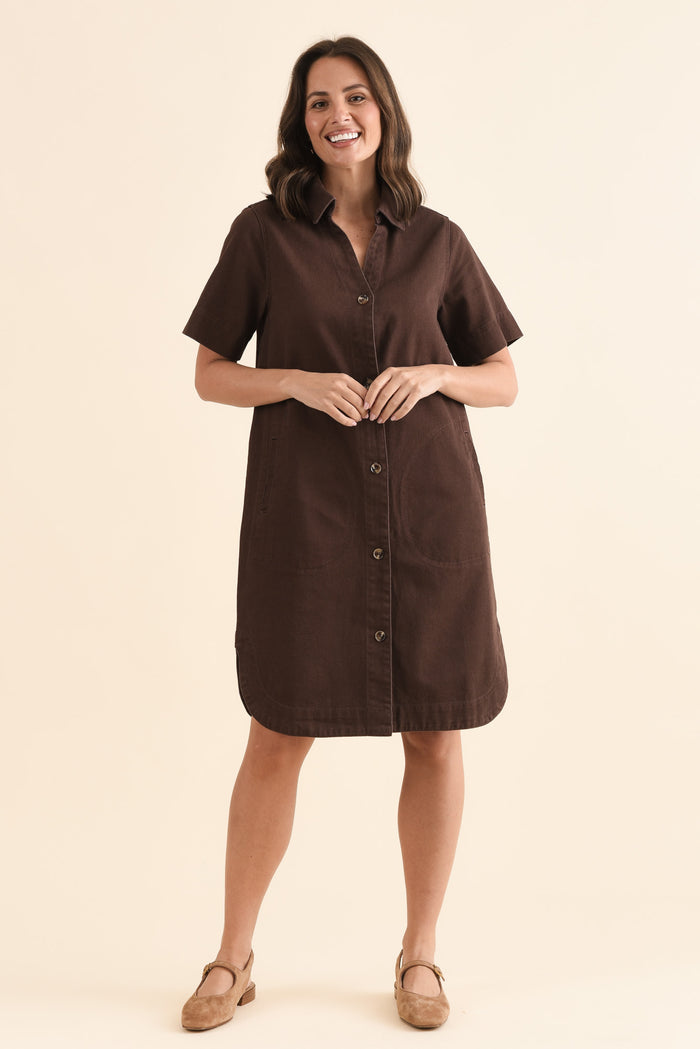 Dawson Chocolate Denim Button Dress,Full Body,Brunette model,alt text|model:MJ