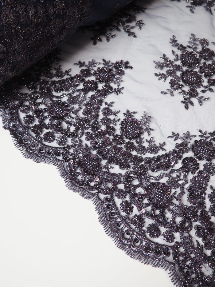 Deep Purple Lurex Floral Beaded Tulle