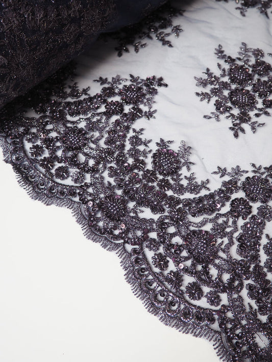 Deep Purple Lurex Floral Beaded Tulle