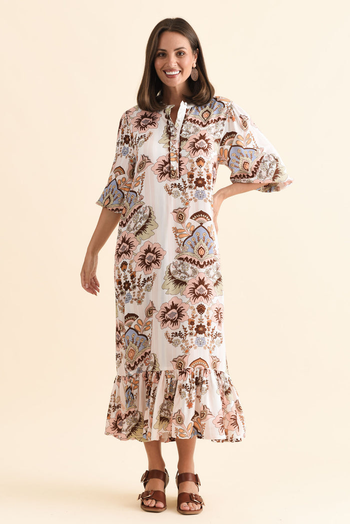 Delylah White Floral Tie Dress,Brunette model,alt text|model:MJ