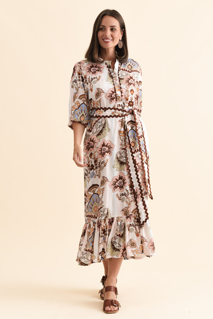 Delylah White Floral Tie Dress,Brunette model,alt text|model:MJ