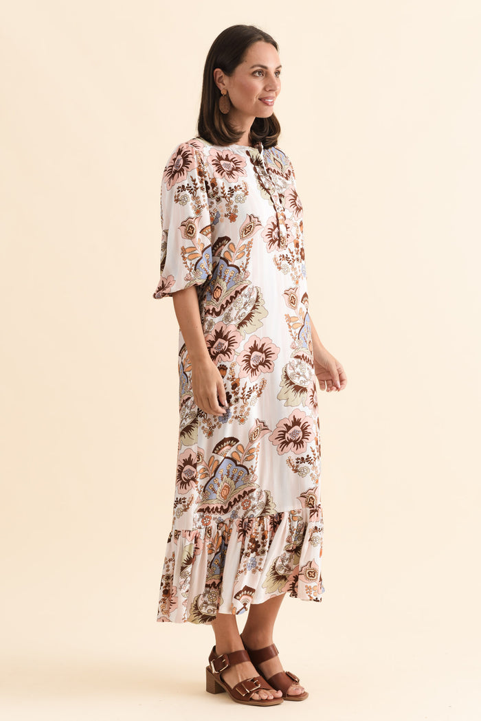 Delylah White Floral Tie Dress,Brunette model,alt text|model:MJ