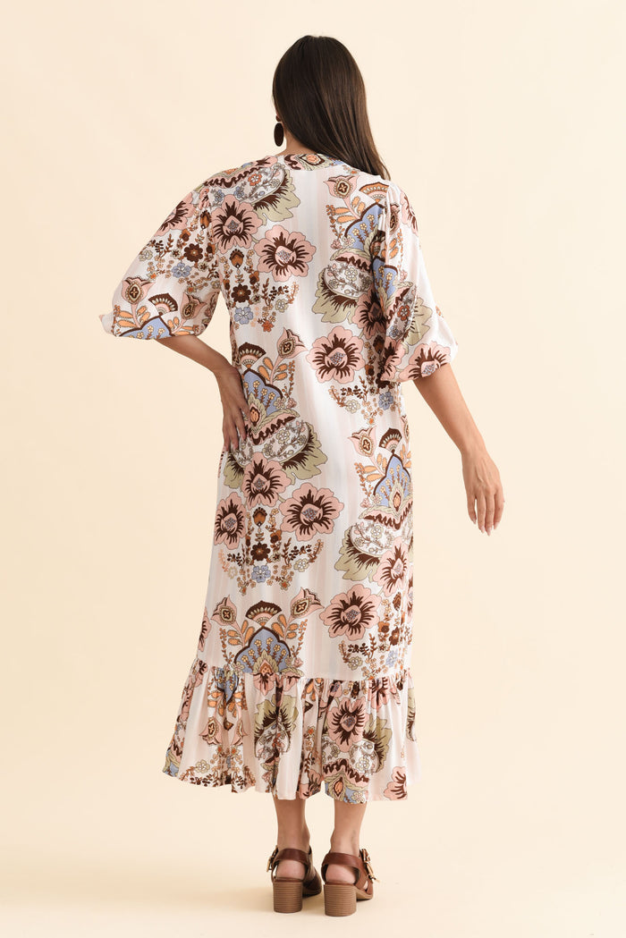 Delylah White Floral Tie Dress,Brunette model,alt text|model:MJ