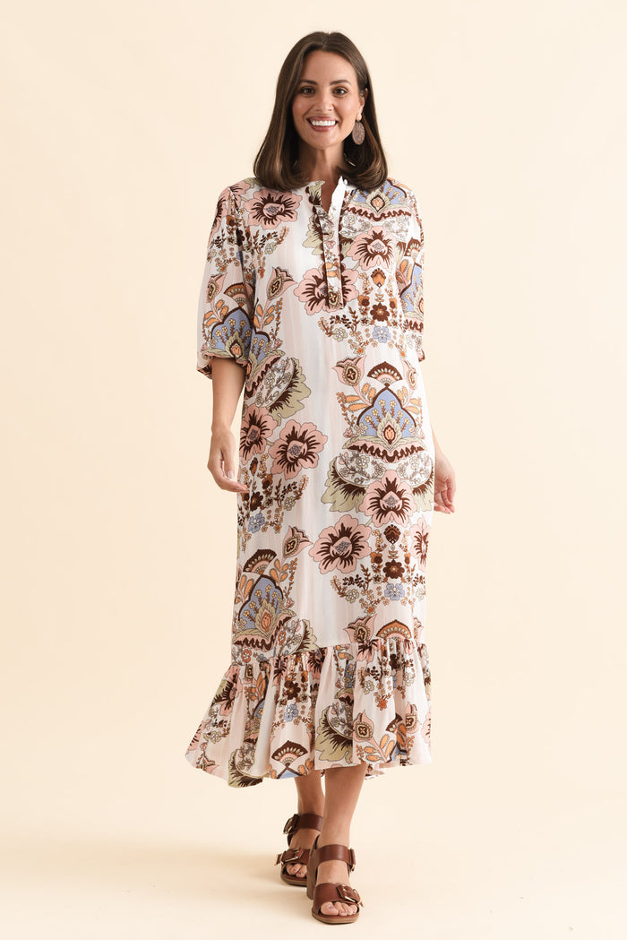 Delylah White Floral Tie Dress,Brunette model,alt text|model:MJ