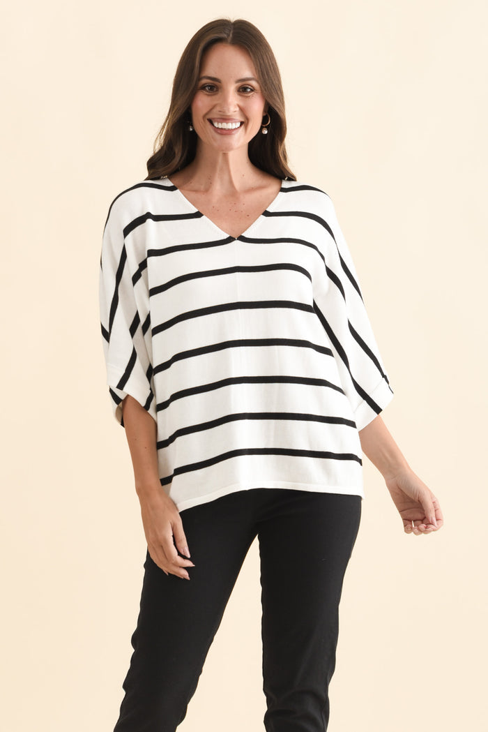 Derby White Stripe Cotton Blend Knit Top,Brunette model,alt text|model:MJ