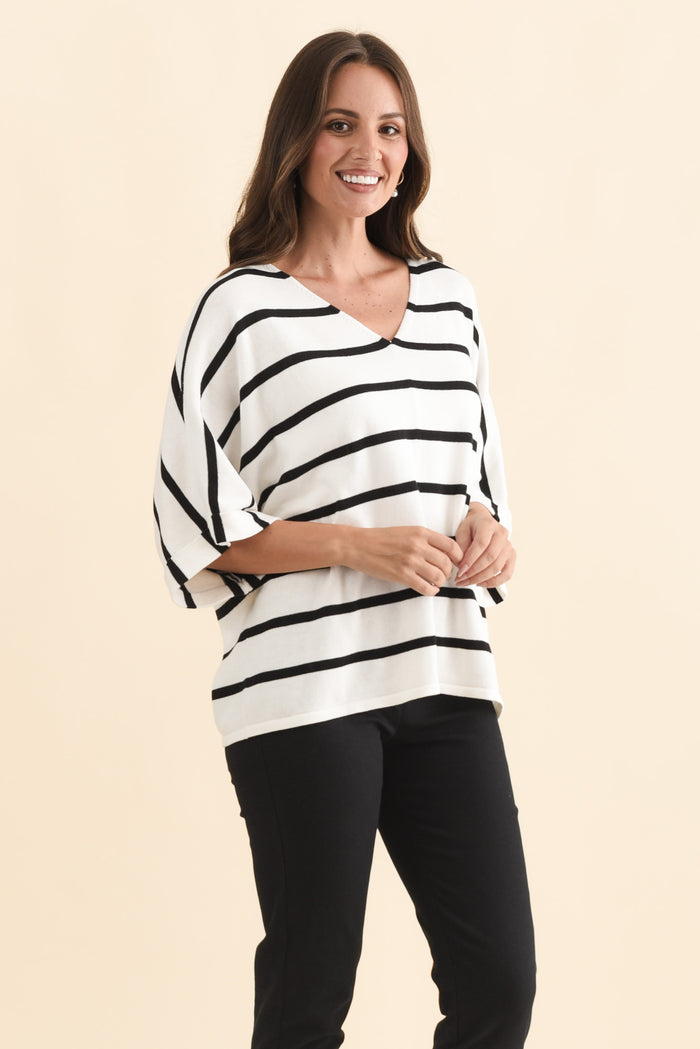 Derby White Stripe Cotton Blend Knit Top,Brunette model,alt text|model:MJ