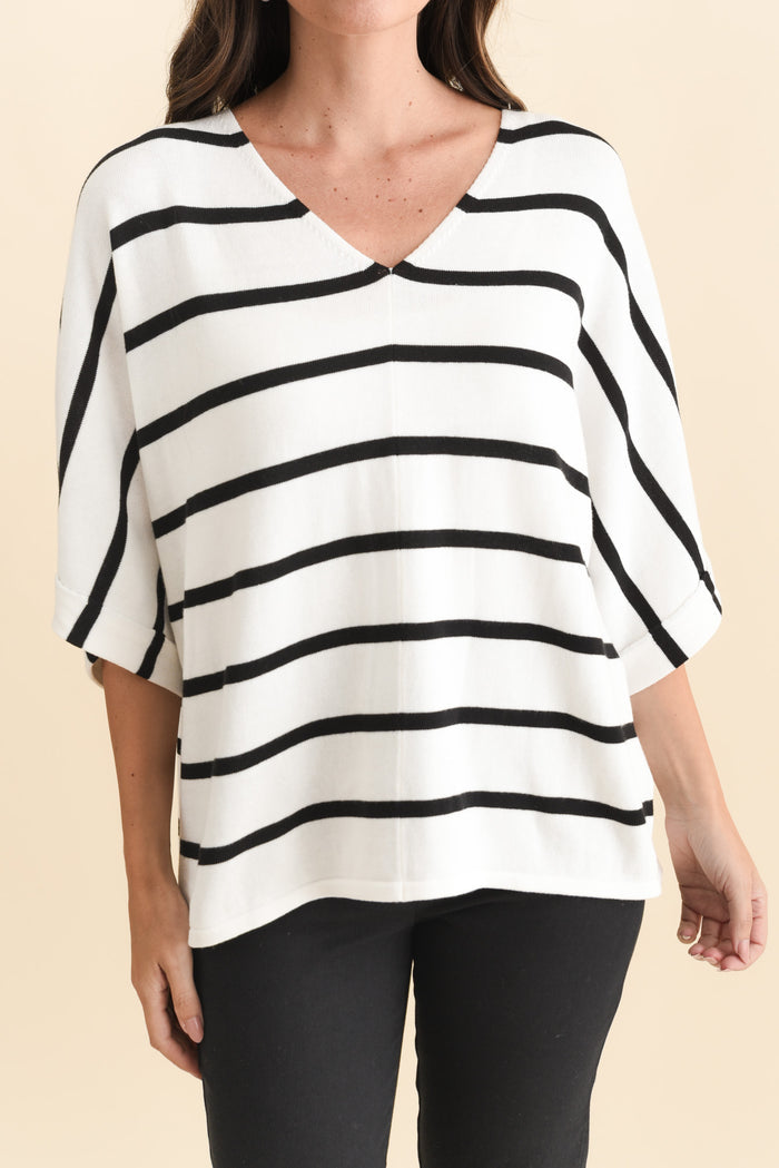 Derby White Stripe Cotton Blend Knit Top,Brunette model,alt text|model:MJ