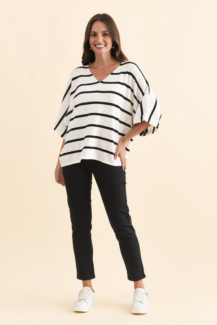 Derby White Stripe Cotton Blend Knit Top,Brunette model,alt text|model:MJ