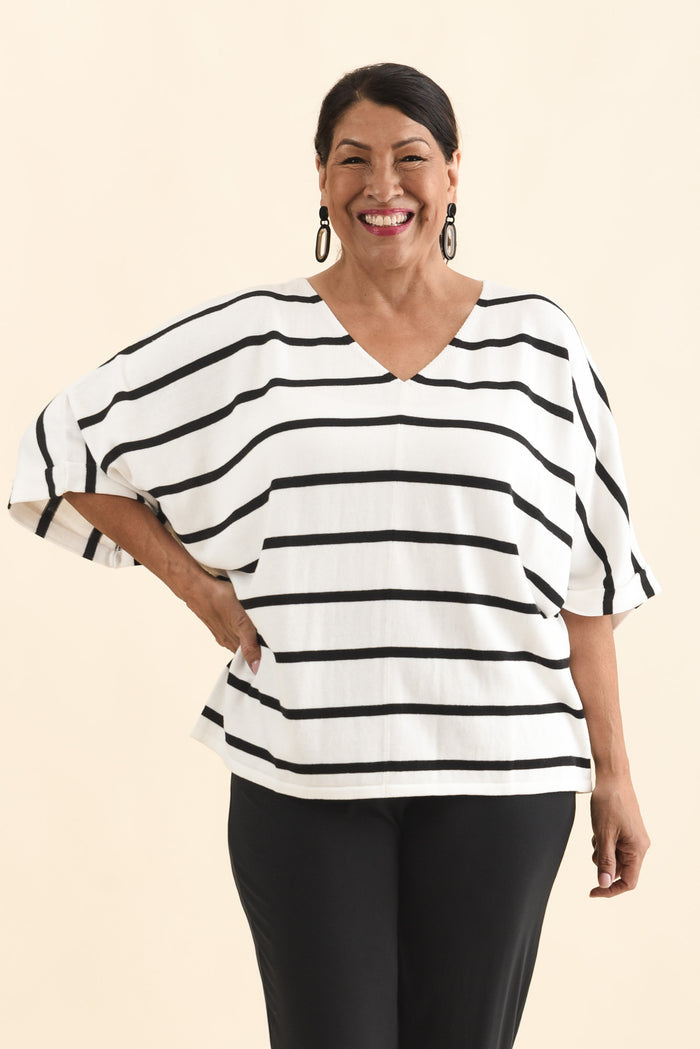 Derby White Stripe Cotton Blend Knit Top,Brunette model,alt text|model:Pilita