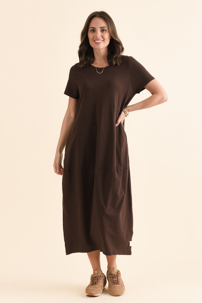 Diana Chocolate Cotton Pocket Dress,Front,Brunette model,alt text|model:MJ