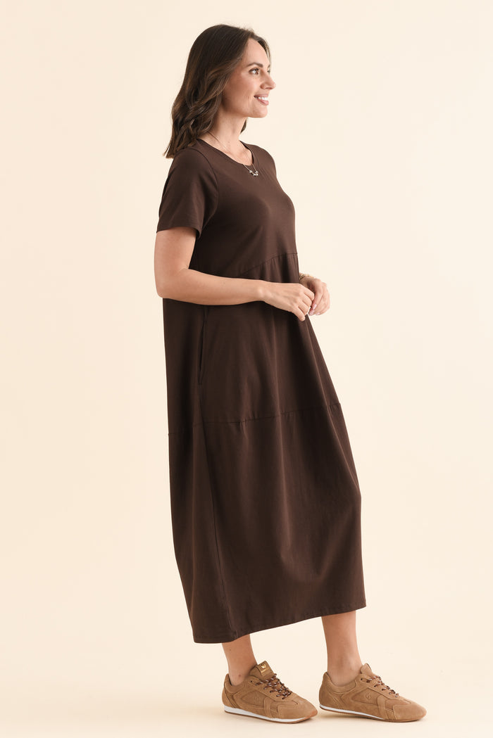 Diana Chocolate Cotton Pocket Dress,Side,Brunette model,alt text|model:MJ
