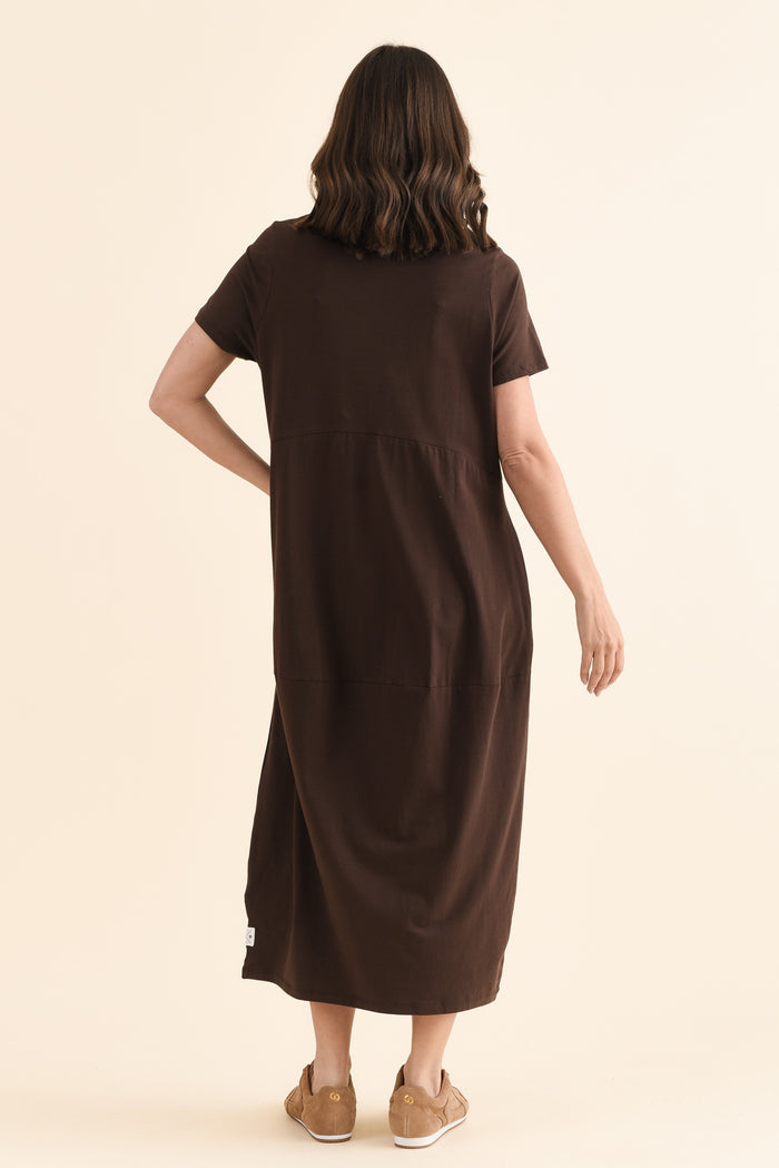 Diana Chocolate Cotton Pocket Dress,Back,Brunette model,alt text|model:MJ