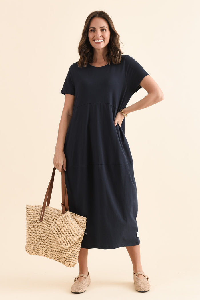 Diana Navy Cotton Pocket Dress,Front,Brunette model,alt text|model:MJ