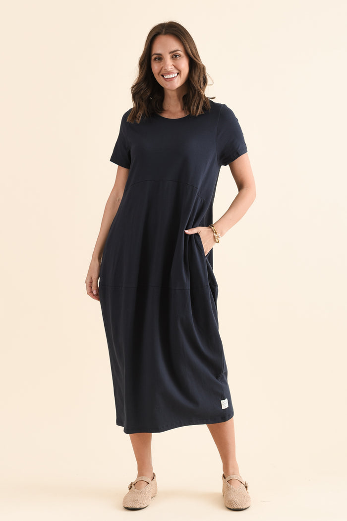 Diana Navy Cotton Pocket Dress,Full Body,Brunette model,alt text|model:MJ