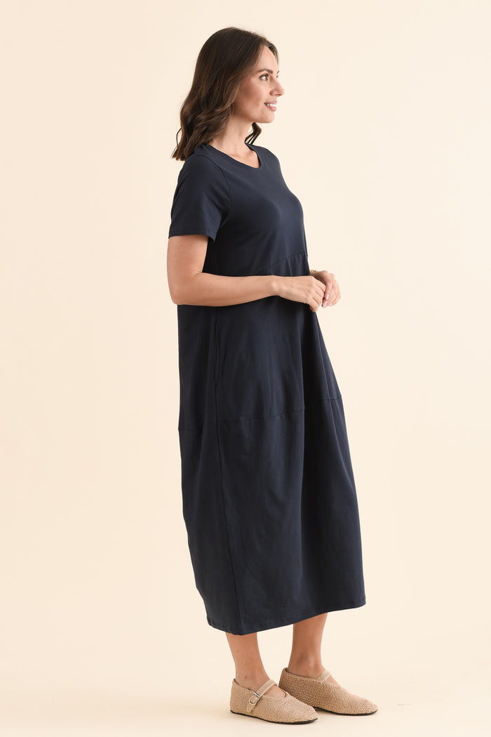 Diana Navy Cotton Pocket Dress,Side,Brunette model,alt text|model:MJ
