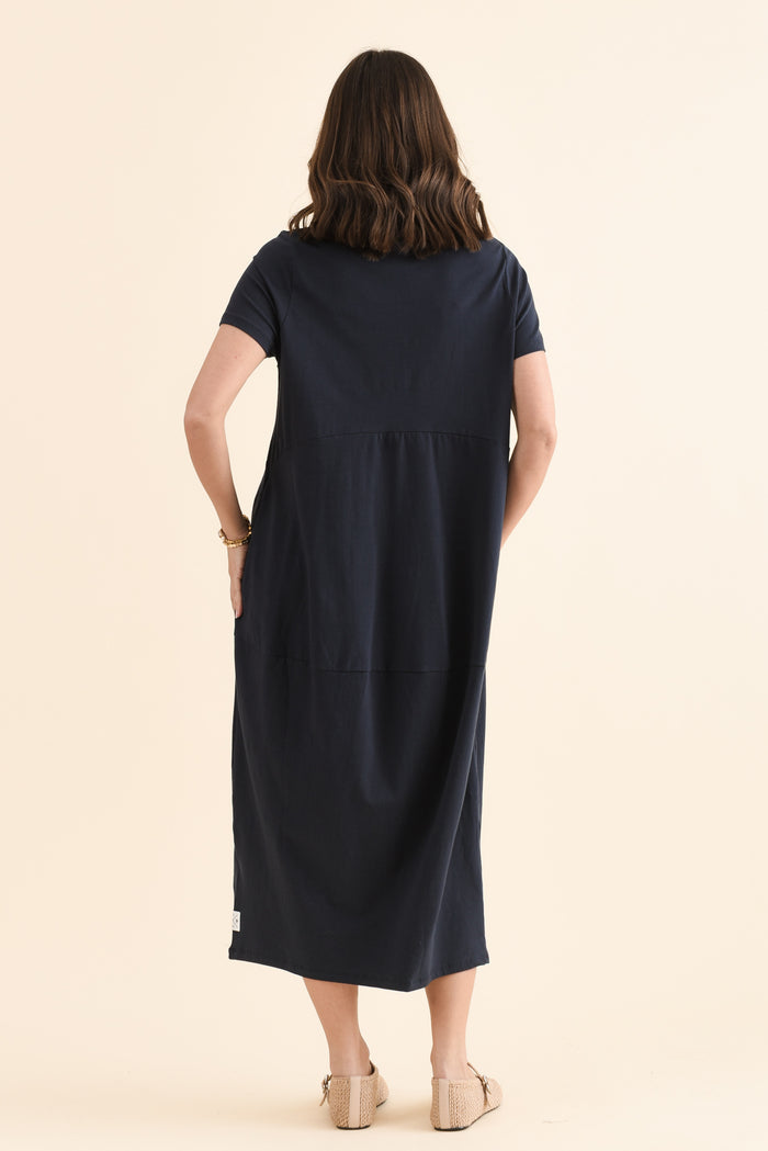 Diana Navy Cotton Pocket Dress,Back,Brunette model,alt text|model:MJ