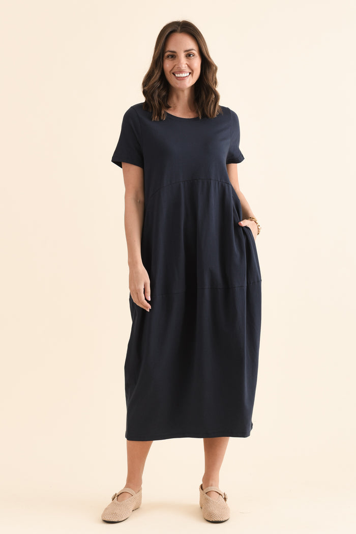 Diana Navy Cotton Pocket Dress,Full Body,Brunette model,alt text|model:MJ
