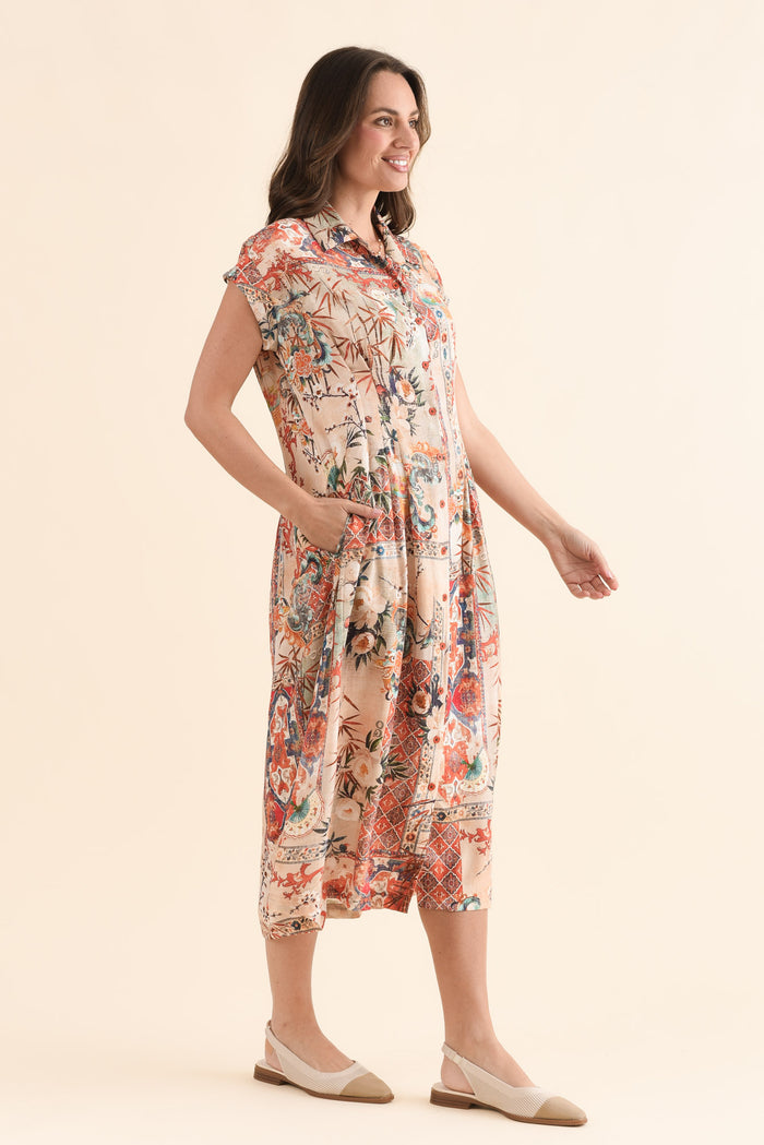 Dina Orange Motif Tie Dress,Side,Brunette model,alt text|model:MJ