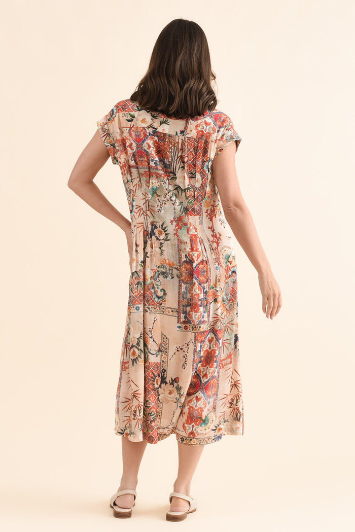 Dina Orange Motif Tie Dress,Back,Brunette model,alt text|model:MJ