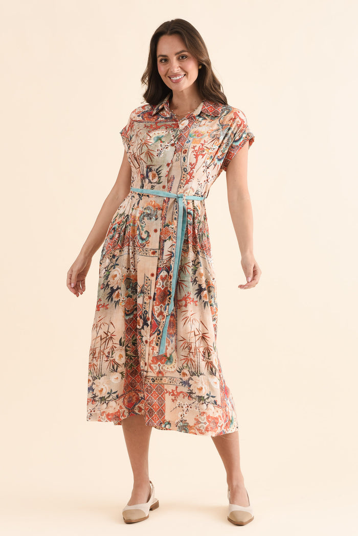 Dina Orange Motif Tie Dress,Full Body,Brunette model,alt text|model:MJ