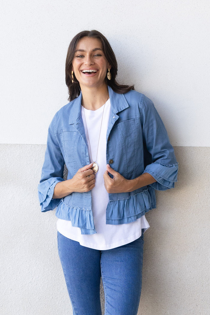 Dolores Blue Cotton Frill Jacket,Lifestyle